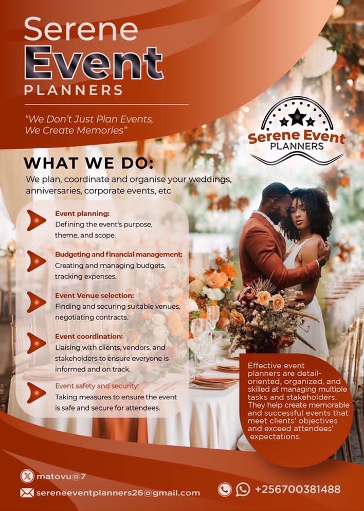 📣 EVENT PLANNING SERVICES 

Creating lasting memories with your colleagues,friends and family has never been this easier!

All you need to do is hire SERENE EVENT PLANNERS!

Let's handle the hard work! Your only work is to enjoy the occasion!

Dm <a href="/Matovu7/">Edens Matovu Kalanda</a>☎️0700381488