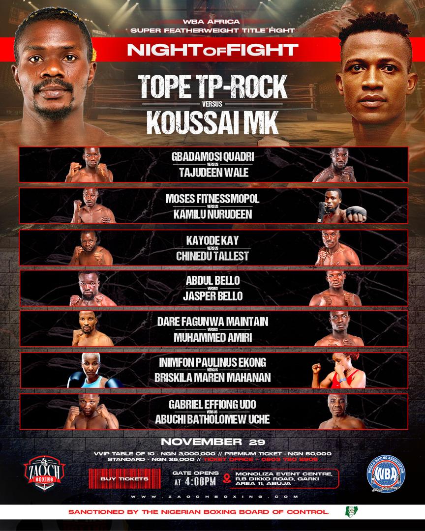 Fightgistmedia's tweet image. ABUJA, GET READY FOR A NIGHT OF KNOCKOUT! 🔥

The WBA Africa Super Featherweight Title is on the line as 🇳🇬 Tope “TP Rock” Musa clashes with 🇧🇯 Koussai Martin Klaklev in a blockbuster showdown on November 29th

To get your ticket, Visit: 👇
zaochboxing.com/event/night-of…