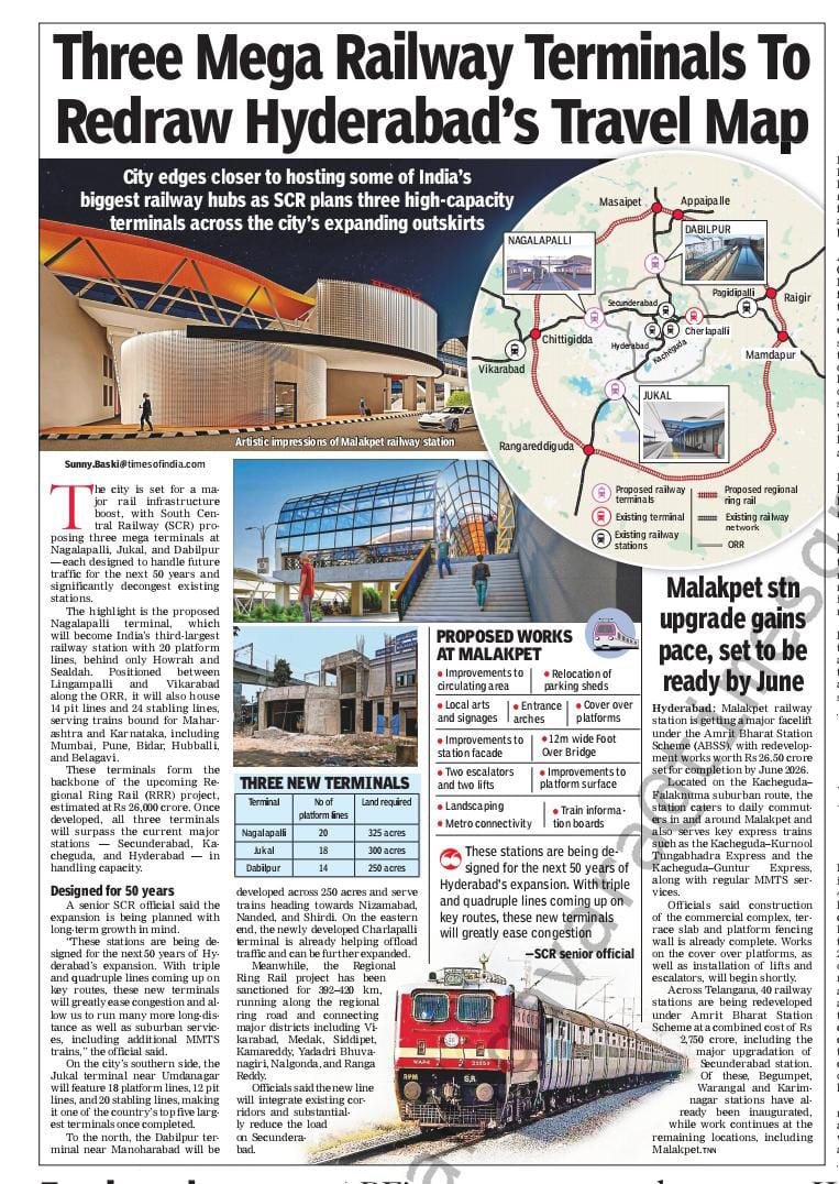 SCRailwayIndia's tweet image. 🚉✨Three Mega Railway Terminals to Redraw Hyderabad&apos;s Travel Map!
News published in Times of India Newspaper
@RailMinIndia @SCRailwayIndia 
#malakpetrailwaystation #railwayterminal #stationredevelopment