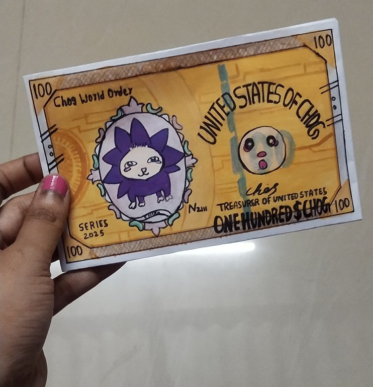 Gchog 💜

My entry for the <a href="/ChogNFT/">Chog (mainnet arc)</a> IRL Contest 👇

I drew this $CHOG money note 

It was fun to make something unique for the mission.

Hope you enjoy it 💛

<a href="/Toadster69/">Toad (MON to $1)</a>