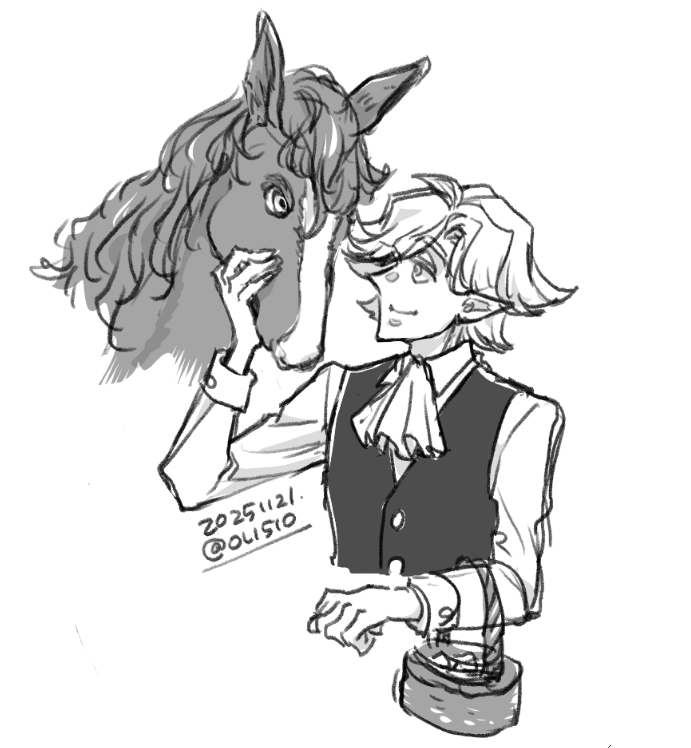 ルシフェル殿下と馬（青鹿毛の大流星鼻梁白鼻大白・エクレールくん）