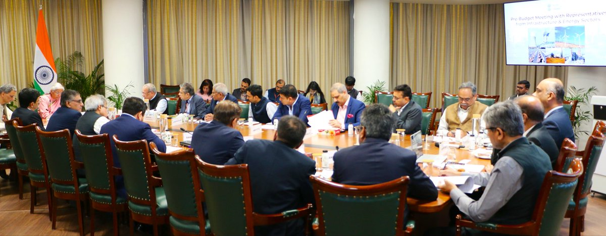 FinMinIndia's tweet image. Union Minister for Finance &amp;amp; Corporate Affairs Smt. @nsitharaman chairs the 11th Pre-Budget Consultation with the experts from the #Infrastructure, and #Energy Sectors in connection with the forthcoming Union Budget 2026-27, in New Delhi, today. 

The meeting was also attended by…