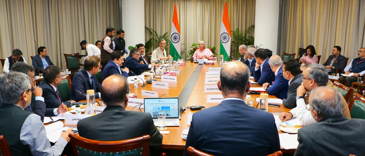 FinMinIndia's tweet image. Union Minister for Finance &amp;amp; Corporate Affairs Smt. @nsitharaman chairs the 11th Pre-Budget Consultation with the experts from the #Infrastructure, and #Energy Sectors in connection with the forthcoming Union Budget 2026-27, in New Delhi, today. 

The meeting was also attended by…