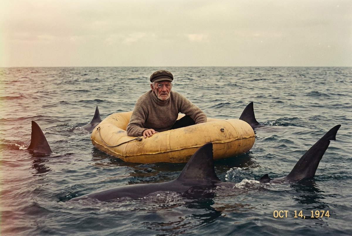RetropunkAI's tweet image. I&apos;ve never been able to one shot this prompt idea. 
No reference image. 
&quot;an old man wearing a monocle, he is sitting low in a yellow life raft, surrounded by sharks, endless ocean, wide angle, 1970s large format photo.&quot;
🍌