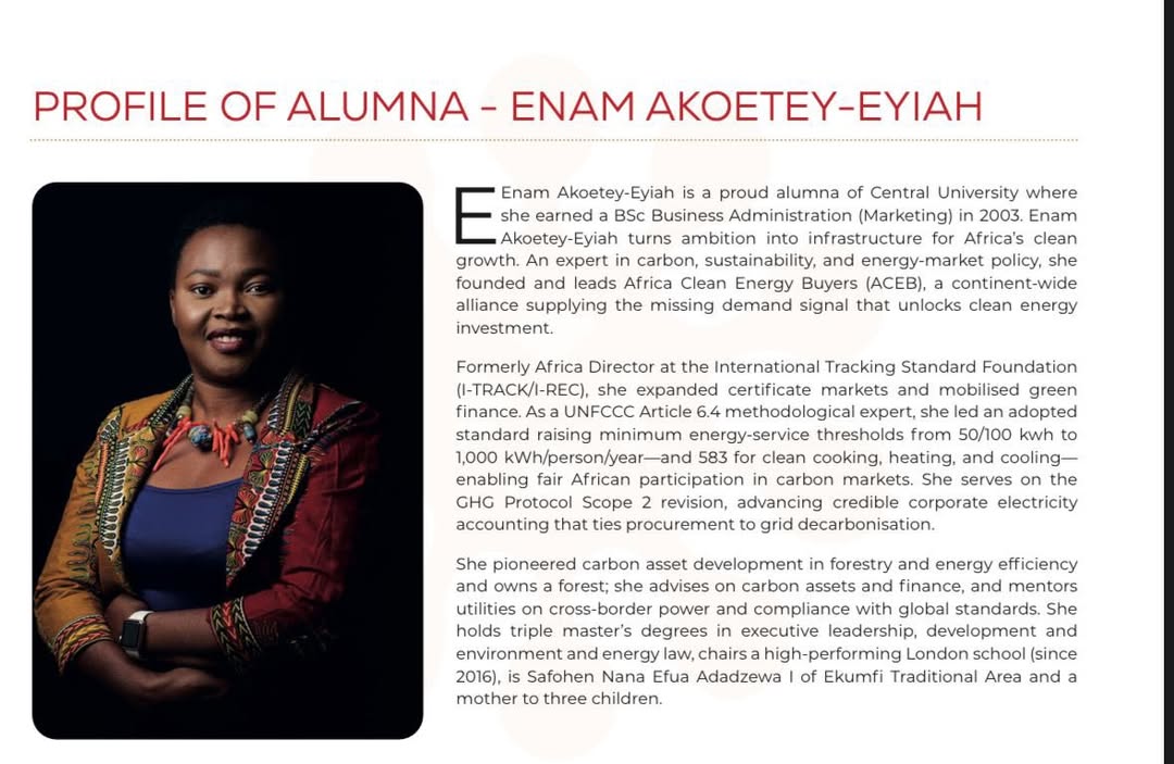 centralunivgh's tweet image. 🌟 Alumna Spotlight – Enam Akoetey-Eyiah 🌟

A proud Central alumna and Founder of ACEB, Enam is driving Africa’s clean energy and carbon-market growth. Her leadership continues to inspire impact across the continent.

#CentralUniversity #AlumniSpotlight #CleanEnergyAfrica