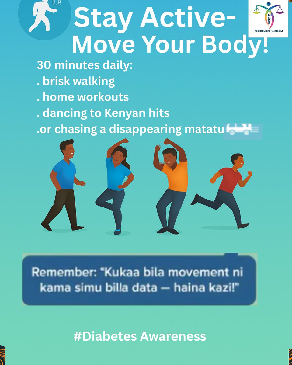A little movement each day keeps diabetes at bay — your body will thank you.

Exercise is your cheapest weapon against diabetes. No gym needed — just start moving.

Walk, dance, stretch — whatever you do, keep your body active to fight diabetes.

#ncds #diabetesawareness