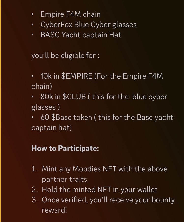 Gm Gm Moodies 🦘

Now imagine minting sum like this - think of that sweet bounty rewards on them partner traits  : 

- BASC yacht hat 
- Empire F4M chain 

We also got 1 more, the blue cyber glasses for our Cyber Fox supporters.
Stay tuned more update dropping soon - spoiler we
