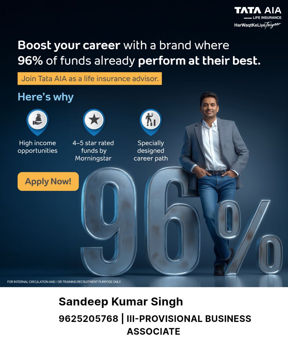 sandeepksingh_'s tweet image. Boost your career with a brand where 96% of funds already perform at their best. 

Join Tata AIA as a life insurance advisor:
 sandeepkumarsingh7.tataaiapartner.com/?tid=eh2ev

Sandeep Kumar Singh
9625205768