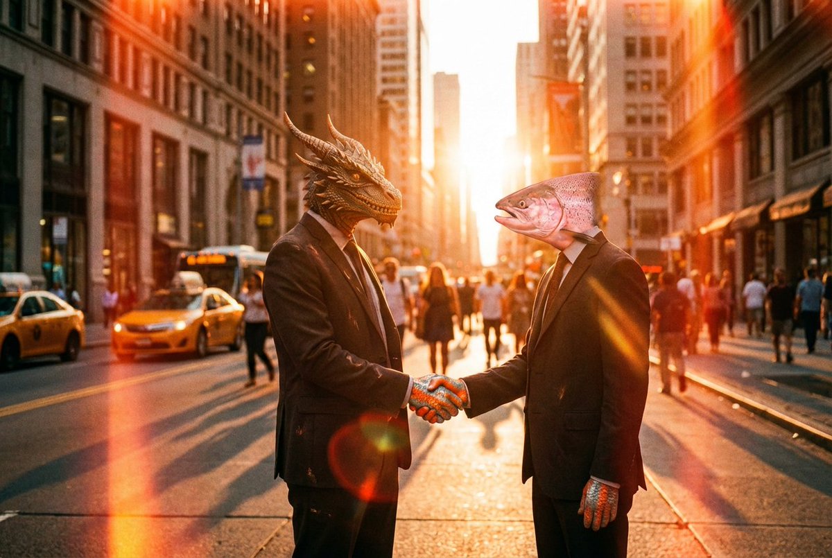 RetropunkAI's tweet image. &quot;Two men wearing business suits are shaking hands on a city street, one man has a Dragon head, one man has a Salmon head, their hands are made from a Salmon fish. Cinematic 35mm shot. &apos;Lomography Redscale XR&apos; film style, golden hour, sun flare.&quot;
🍌