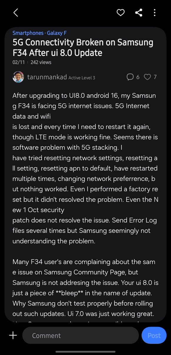 Harsh4Bharat's tweet photo. they chose not to . Users who are on OneUI 8 still facing the problem . Samsung even not acknowledging is the most frustrating part . They don't understand the issue at all . Just search F34 netwok issue on Samsung members app and you will see all f34 5g users crying for help https://t.co/cRKPbFbO6p