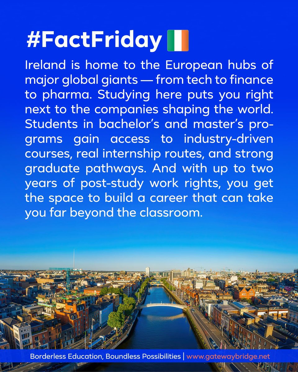 gatewaybridge's tweet image. #FactFriday Ireland isn’t just scenic landscapes and friendly locals. Surrounded by renowned global companies and thriving industries, it’s a hub of innovation and opportunity.

#studyinireland #CareerPathways #GlobalAdvantage