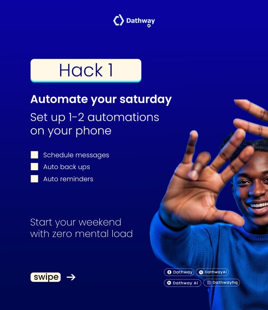 DathwayAi's tweet image. 5 Tech Hacks to Level Up Your Weekend 🚀
Your weekend doesn’t have to feel scattered or stressful.

These simple hacks will help you stay organized, save time, and enjoy your days off without the overwhelm.
Try one today and thank yourself later! 💙

#techhacks #dathwayai