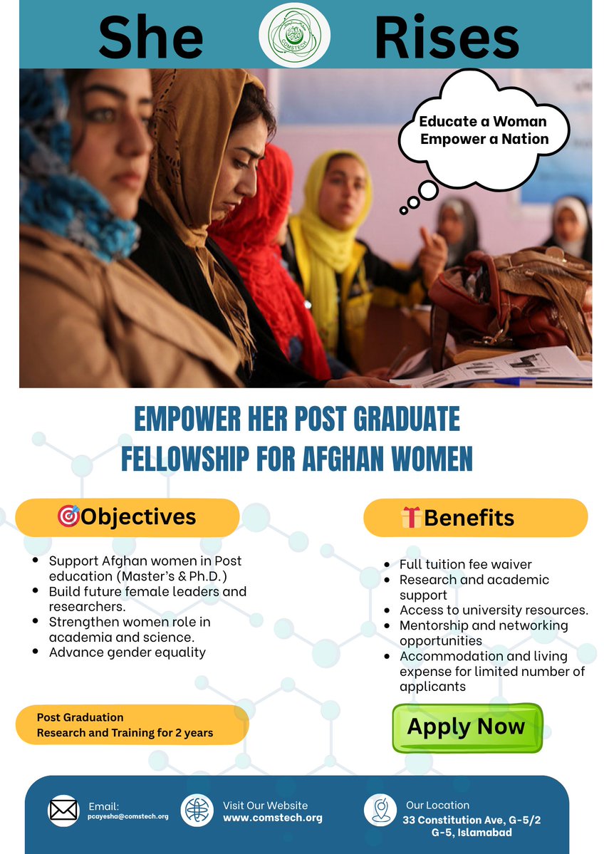 OIC_COMSTECH's tweet image. #Call_for_Applications
Empower Her Postgraduate Fellowship for Afghan Women, Applications/Nominations are open all year round.

For applying and details kindly click the link below

comstech.org/empower-her-po…

@OIC_OCI