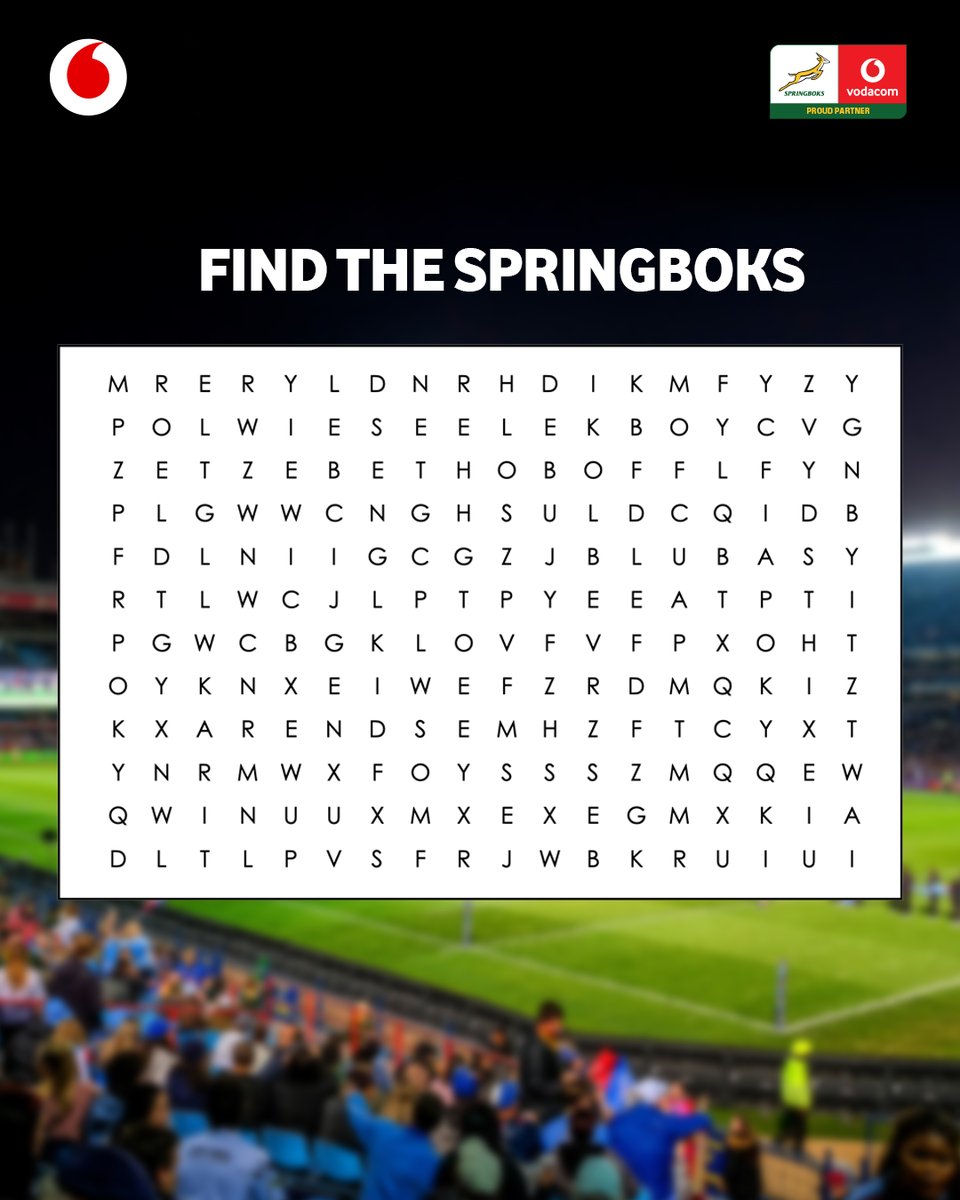 VodacomRugga's tweet image. Think you know your squad? 💚​

Find every player in the wordsearch with #VodacomScoreore and you could WIN a R700 @PicknPay voucher! 🛒​
​
#EXTRAAYourSummer | #IREvSA