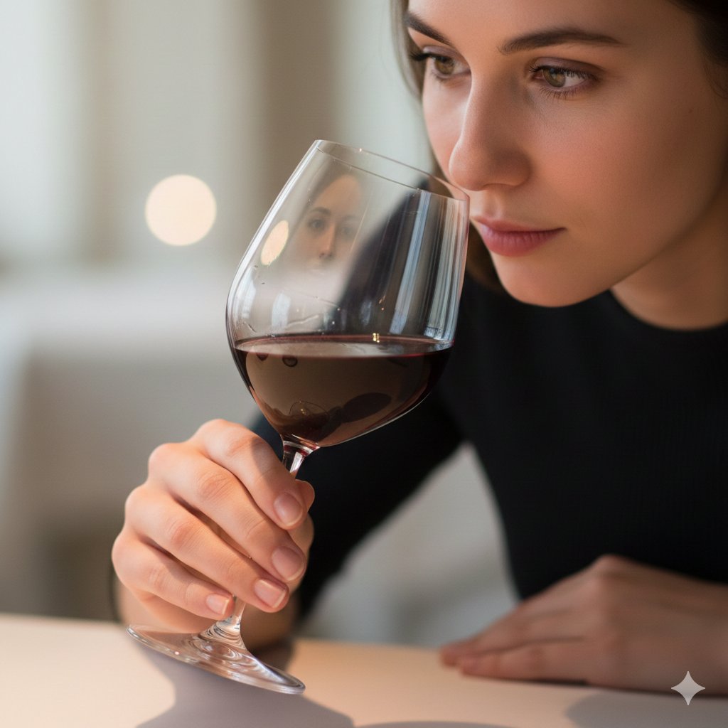 一隻通透的水晶高腳玻璃酒杯,杯中盛著不到半杯的深紅色紅酒,酒液貼著杯壁形成優雅的弧線和高光反射。畫面中,一個年輕女性用雙手輕托著酒杯,指尖纖細,指甲乾淨自然,她微微俯身,安靜地凝視著杯中的紅酒,神情專注而略帶若有所思的溫柔氣質。
燈光來自