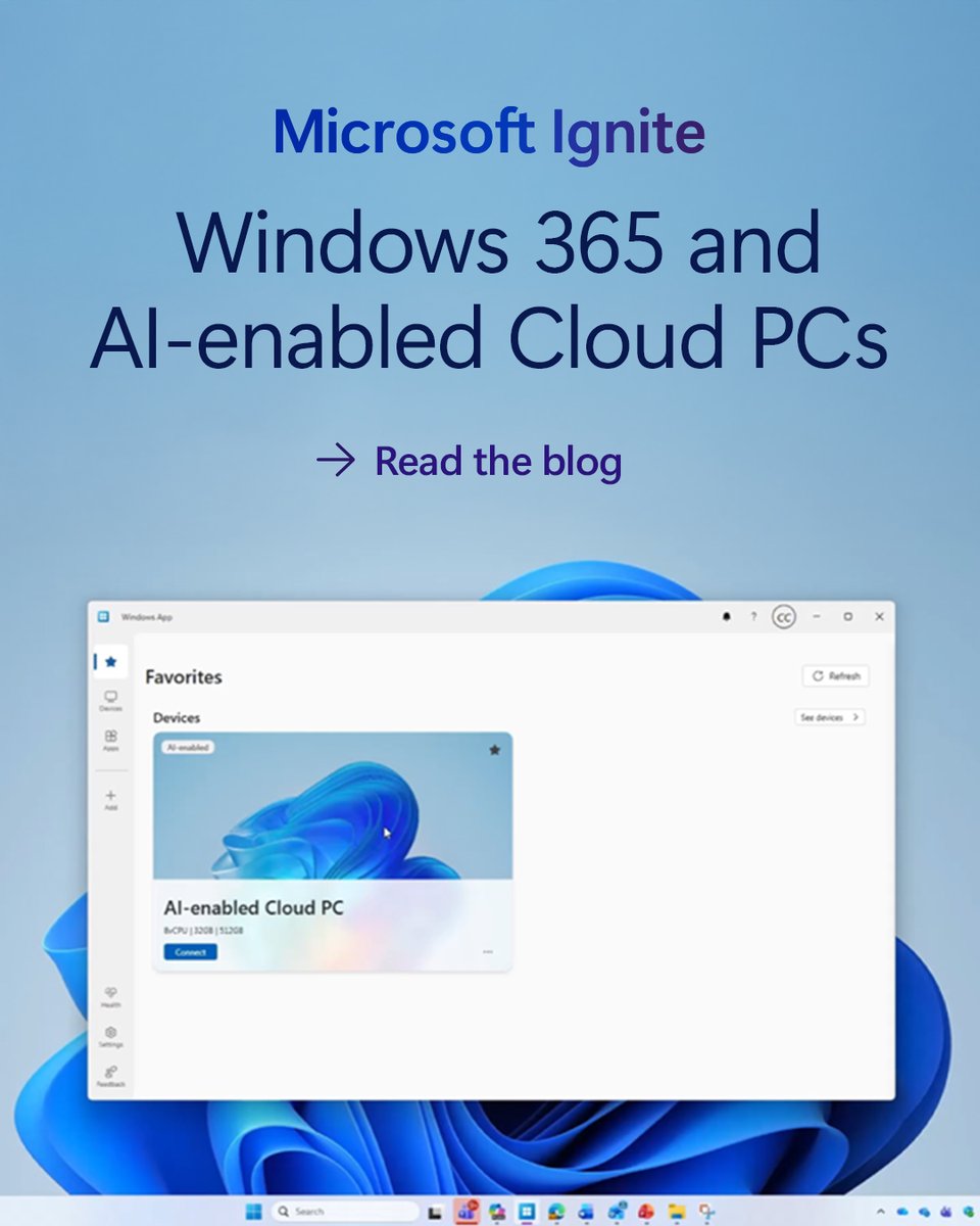 windows4biz's tweet image. Cloud and AI are now perfectly aligned. 

Windows 365 AI-enabled Cloud PCs boost productivity, uncover information faster, and streamline your workflow — all backed by enterprise-grade security and compliance.

Learn more: msft.it/6016tTcng

#MSIgnite #CloudPC