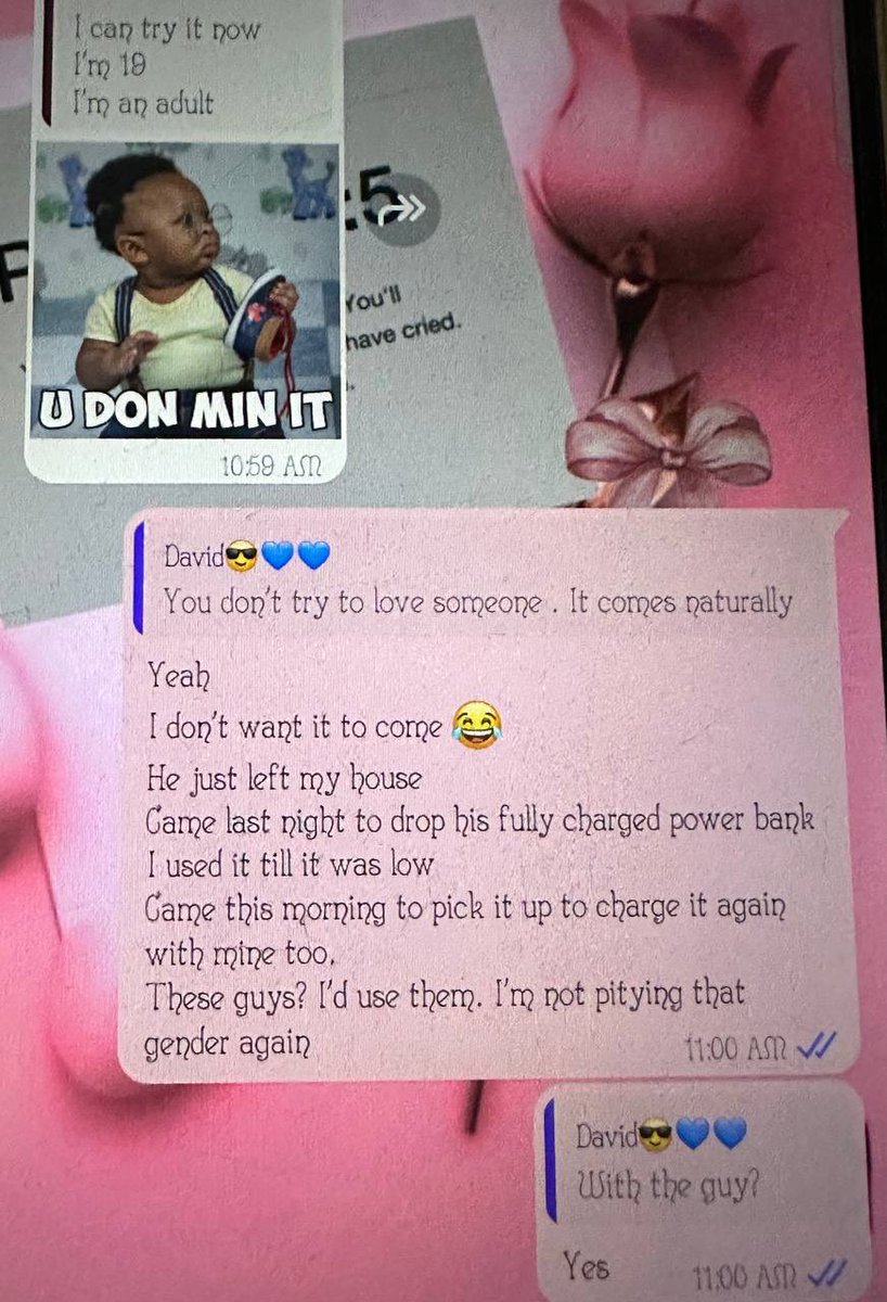 adenoton's tweet image. chat betw my so-called gf, a friend (david) and her male bestie.

seems I’m nothing to her but a “powerbank charger”.
