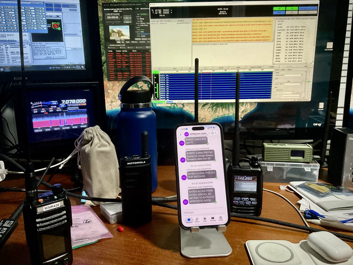 R4Nd4LL_b's tweet image. Enjoying digital modes. Today I&apos;m exploring #APRS from #JS8Call.  Amazed at what I can do with #HamRadio digital comm. Msg from JS8Call 40M HF, picked up by KS1DMD in Kansas, to APRSIS, via #APRStastic iGate, to #Meshtastic node, while monitoring Wires X. Much Fun!