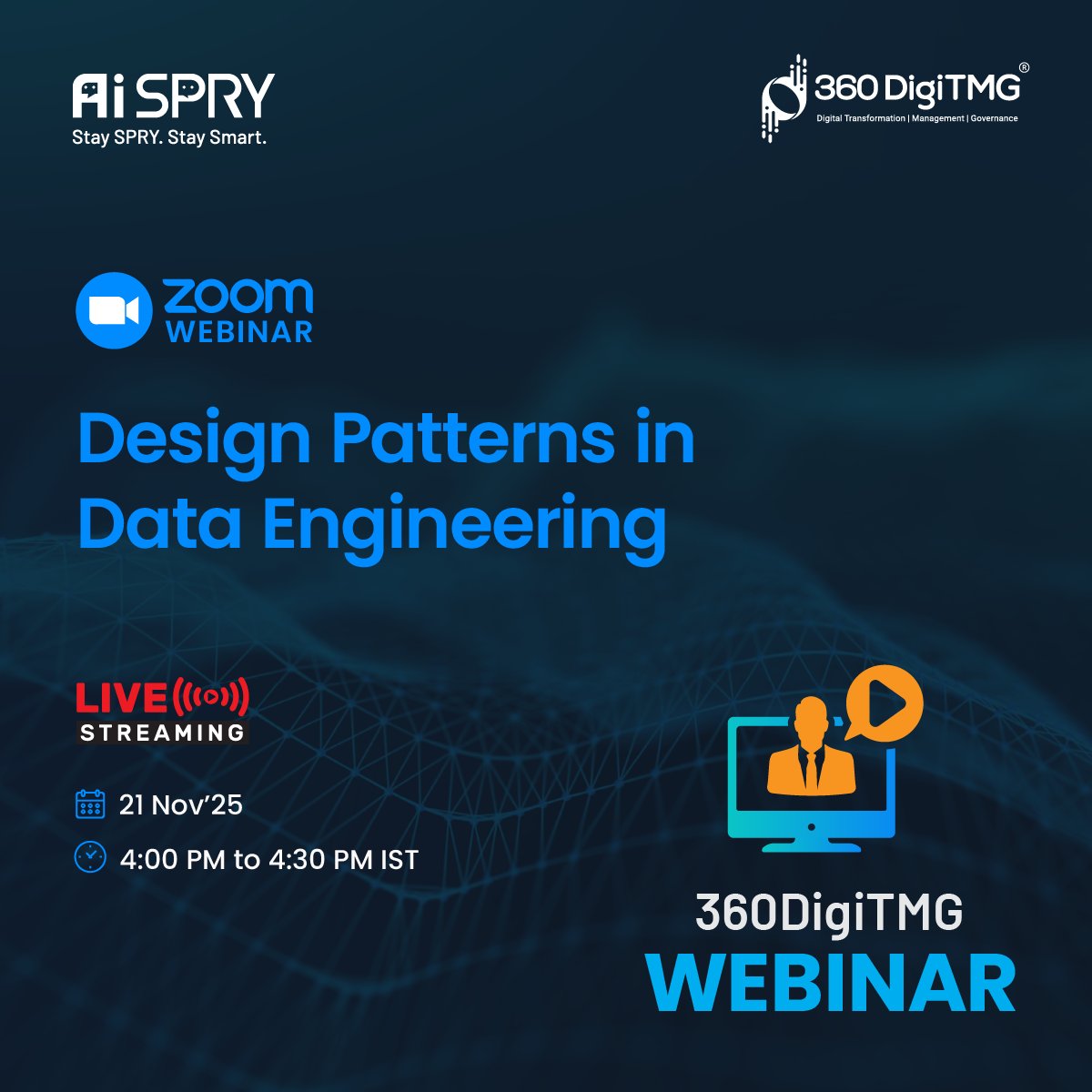 360digitmg's tweet image. 🚀 Design patterns in Data Engineering | 360DigiTMG🚀

📅 Date: 21st November 2025
🕓 Time: 4:00 PM IST

📝 Register Now by clicking the link below 👇
360digitmg.zoom.us/webinar/regist…

#DataEngineering #DesignPatterns #DataPipelines #BigData #ETL #DataArchitecture #DataOps #360DigiTMG #AI
