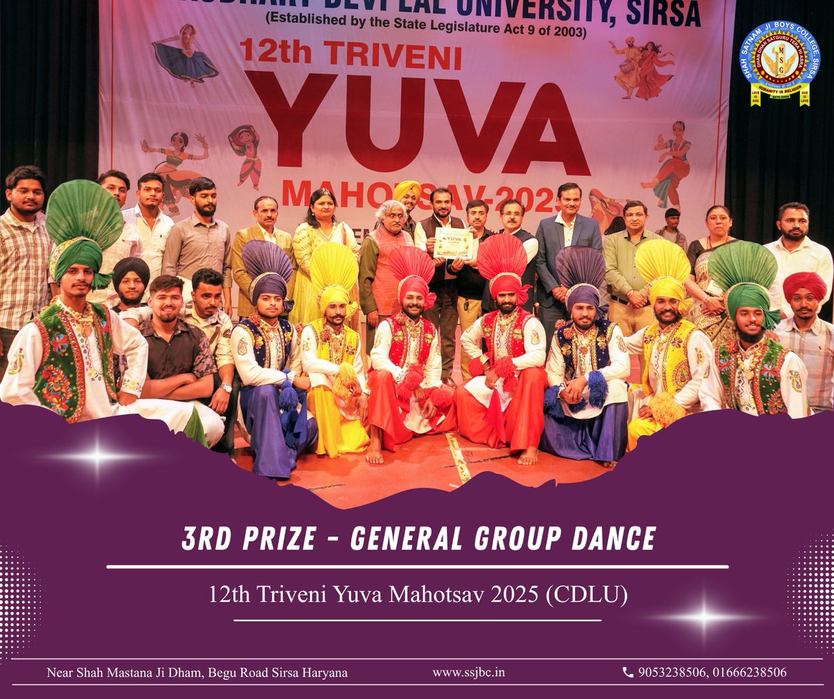 ssjboyscollege's tweet image. Another Proud Achievement for Shah Satnam Ji Boys’ College!

We are delighted to share that Shah Satnam Ji Boys’ College has secured 3rd Position in General Group Dance at the 12th Triveni Yuva Mahotsav 2025, held at Chaudhary Devi Lal University (CDLU), Sirsa.

#CDLU #ssjbc