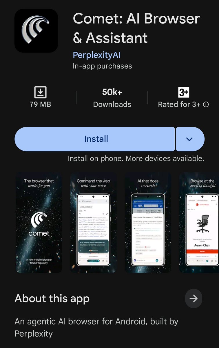 BeTechhie's tweet image. Stop scrolling. Comet Browser by Perplexity just dropped on Android, and it&apos;s surprisingly good. It&apos;s fast and the AI answers show up right when you need them.
If it keeps going this way, Chrome is in trouble.
Give it a try and share what you think. #Perplexity