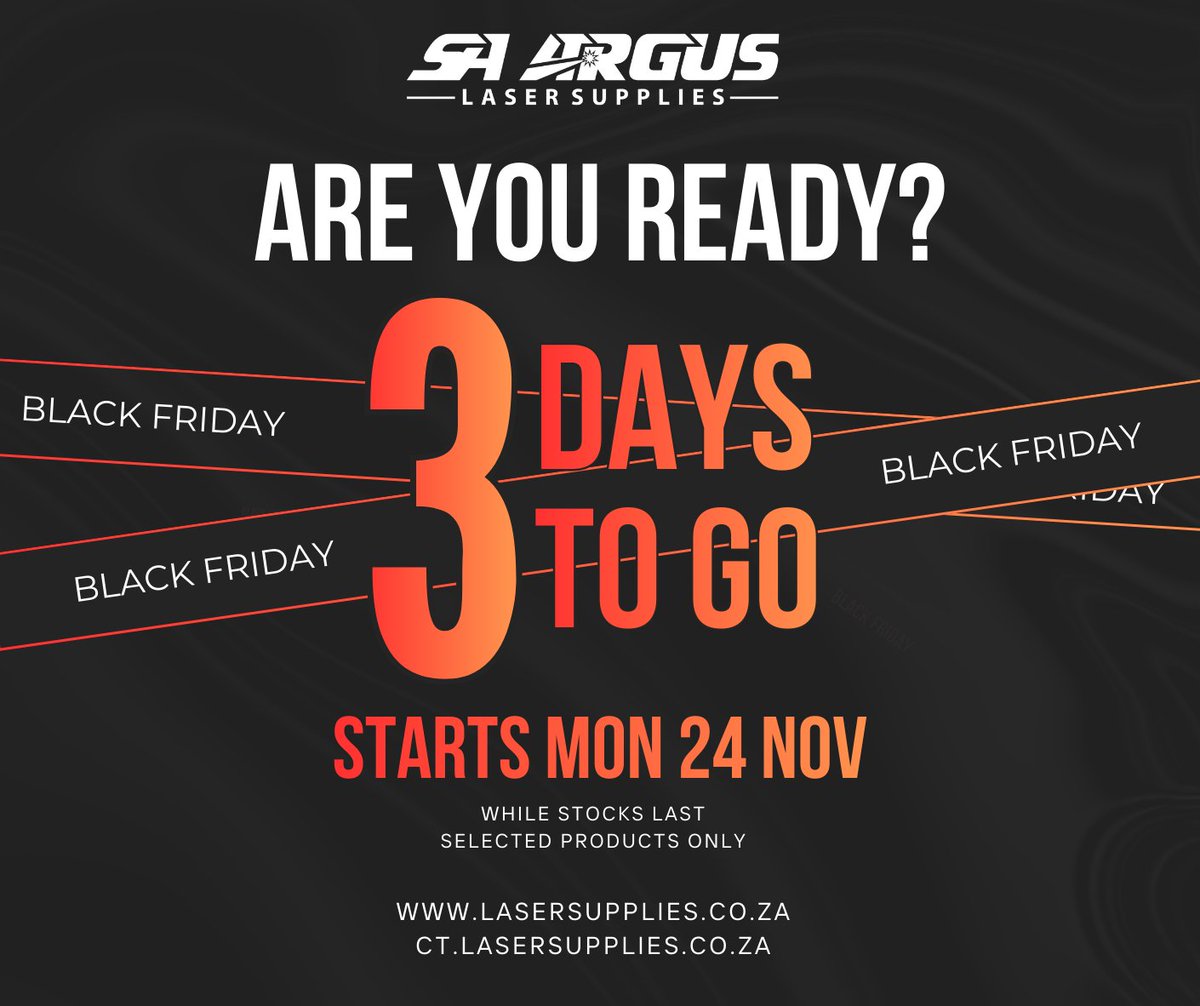 LasersSa's tweet photo. Just 3 days to go!
Are you ready for the biggest SALE of the year?
Enjoy up to 35% off on selected products, starting Monday, 24 Nov and only while stocks last.
https://t.co/vJjTuaoK2P / https://t.co/M4FgLFE1ux
#blackfriday #blackfridaysales https://t.co/TKmcyB1M5I