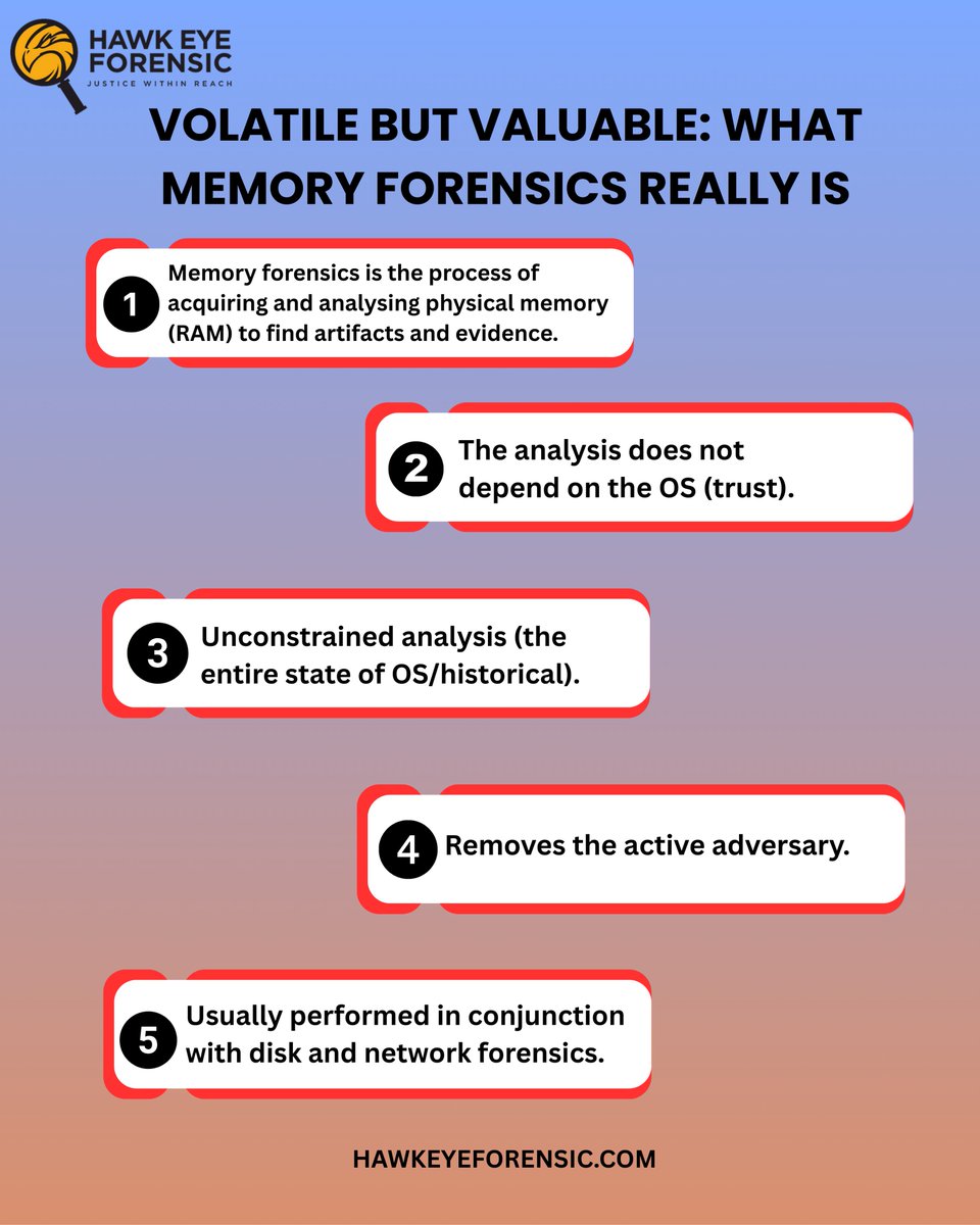 ForensicHawk's tweet image. Unlock the hidden story inside RAM. 

Memory forensics reveals critical artifacts, bypasses OS trust issues, and helps uncover what attackers leave behind. A vital piece of modern digital investigations.&quot;