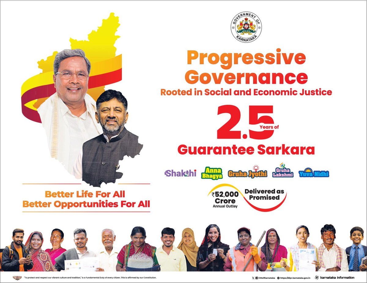 siddaramaiah's tweet image. 2.5 years of Guarantee Sarkara. 2.5 years of people-centric governance.

Karnataka’s progress has been our only priority - ensuring dignity, security and opportunity through the Guarantee programmes and our broader development agenda.

With your continued support, we remain…