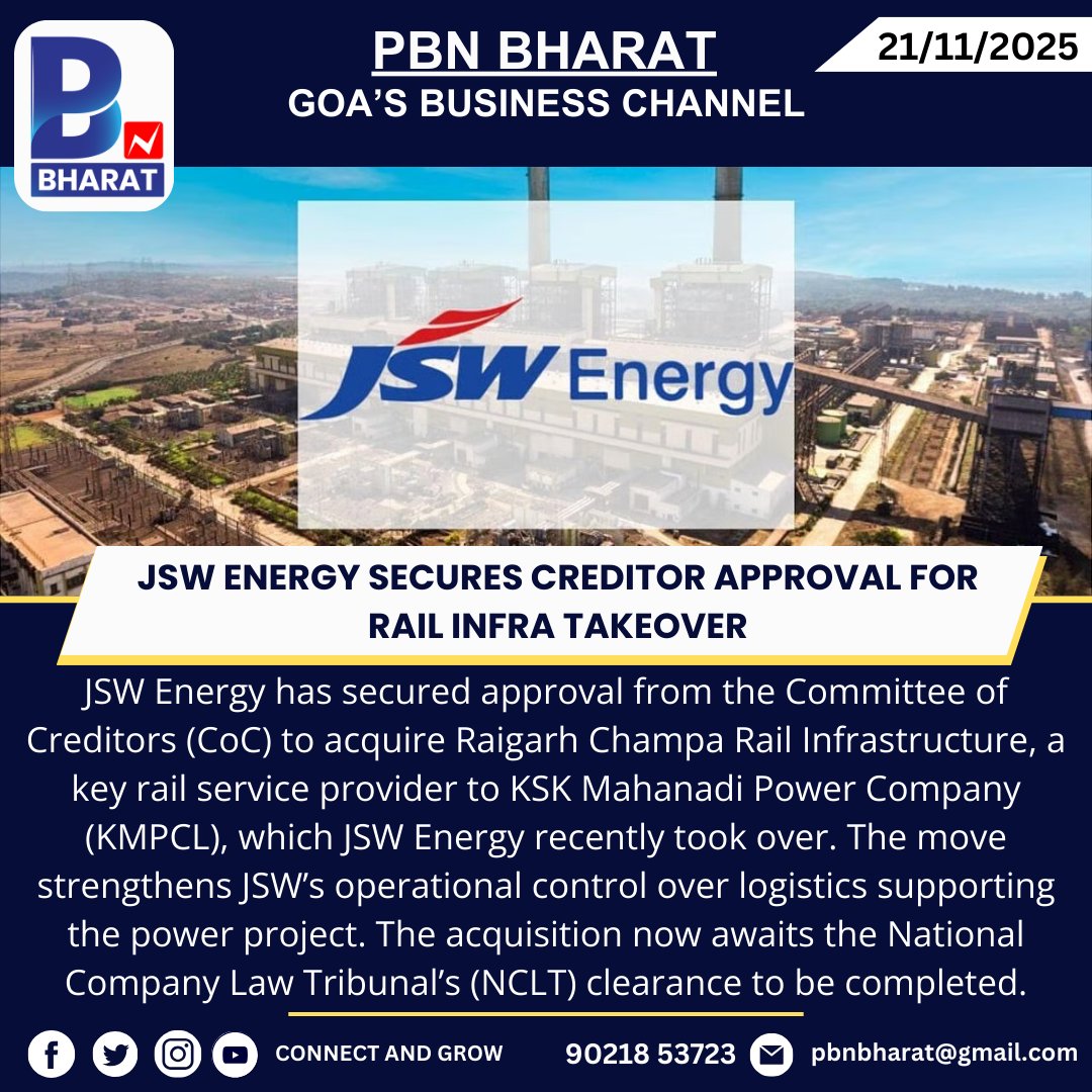 PBNBHARAT's tweet image. JSW Energy Secures Creditor Approval for Rail Infra Takeover
#JSWEnergy #InfrastructureNews #RailInfrastructure #KMPCL #NCLT #PowerSector #Acquisition #CorporateUpdates #IndiaEnergy