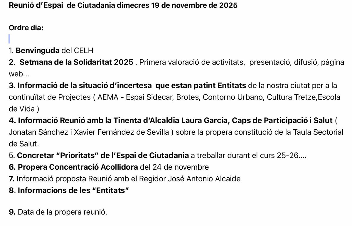 espaiciutadania's tweet image. Imatges reunió del mes de novembre  d’Espai de Ciutadania al @CELHOSPI i temes tractats (19 de novembre de 2025)