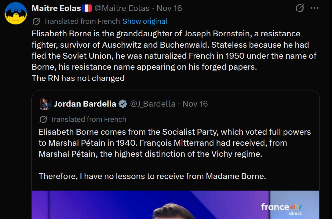 I often say, "MAGA got nothin' if'n they ain't lyin'"
Well, it's the same with the far-right all across the globe. Here, the RN (née the fashy-sounding National Front of Le Pen) accuse a center-right former PM of being a fascist collaborator via hallucinatory free association