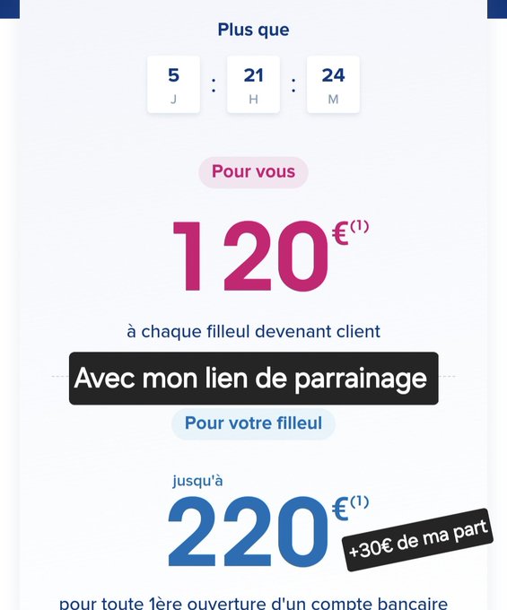 Abdelparrain22's tweet image. Salut, si 250€ intéresse quelqu&apos;un, code parrainage #boursobank

Lien à utiliser : bour.so/p/bPCuXYgUa70

Code : ENCH9574

ENCORE 72 HEURES SEULEMENT
 Boursorama