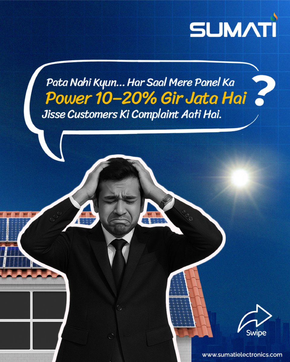 SumatiElec's tweet image. “Har saal mere solar panels ki power 10–20% tak gir jaati hai… customers se complaints aati rehti hain.”
😟 A common frustration for many installers &amp;amp; manufacturers.

✨ Solar performance drop ko bolo Goodbye!
Choose SUMATI PV Ribbon — engineered for maximum