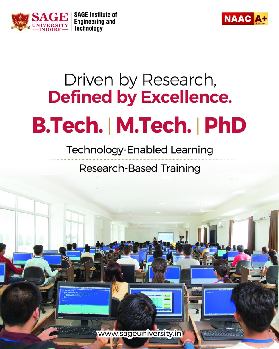 SAGE_INDORE's tweet image. At the SAGE Institute of Engineering &amp;amp; Technology, students grow through research, real-world exposure &amp;amp; a tech-driven environment with B.Tech, M.Tech  &amp;amp; Ph.D. programs. 

Visit - sageuniversity.in/admission/
_
#SAGEUniversityIndore #Tech #Engineering