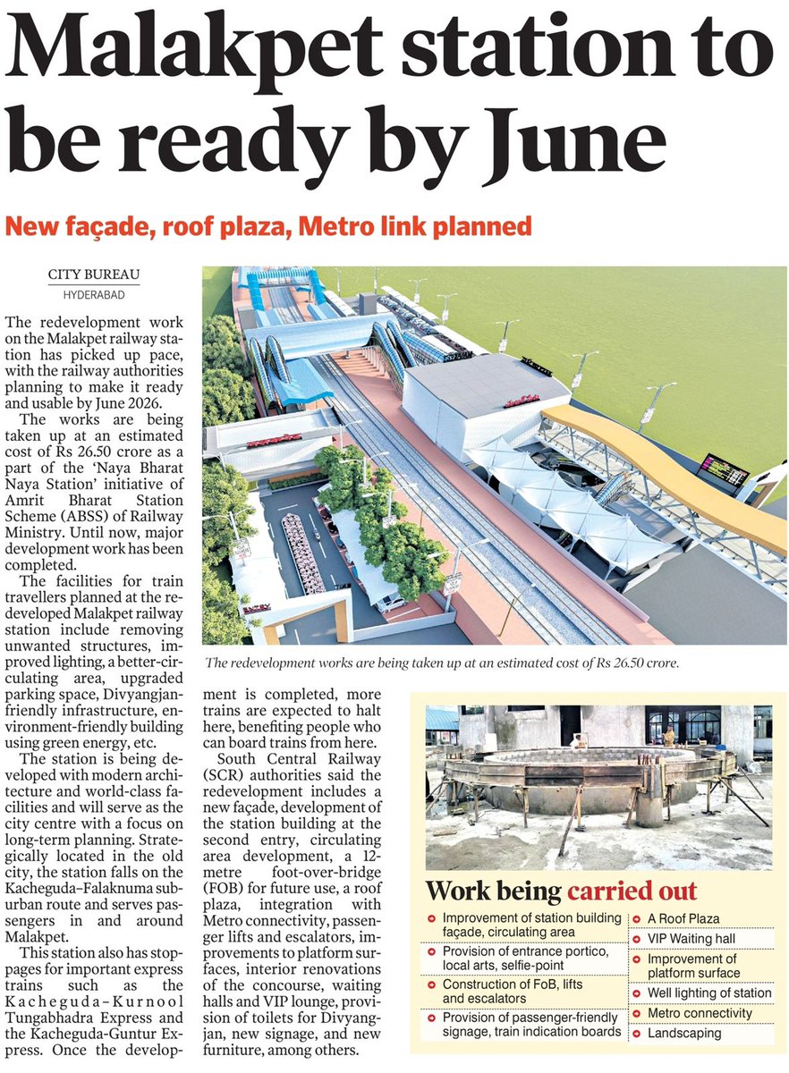 SCRailwayIndia's tweet image. 🚉✨Malakpet Station to be ready by June🥳
News published in Telangana Today Newspaper
@RailMinIndia  @SCRailwayIndia 
#malakpetrailwaystation #railwayterminal #stationredevelopment