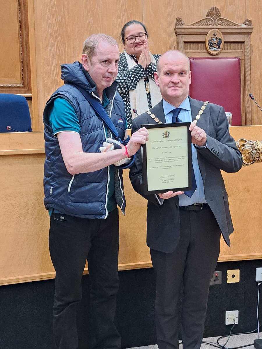 NatJacksonsport's tweet image. Congratulations to @nffc fan Stephen Crean who was presented with a heroes award this week by Merton Council in London for his actions in the Huntingdon train attack and his interventions to stop the attacker. A courageous man recognised for his immense bravery #nffc