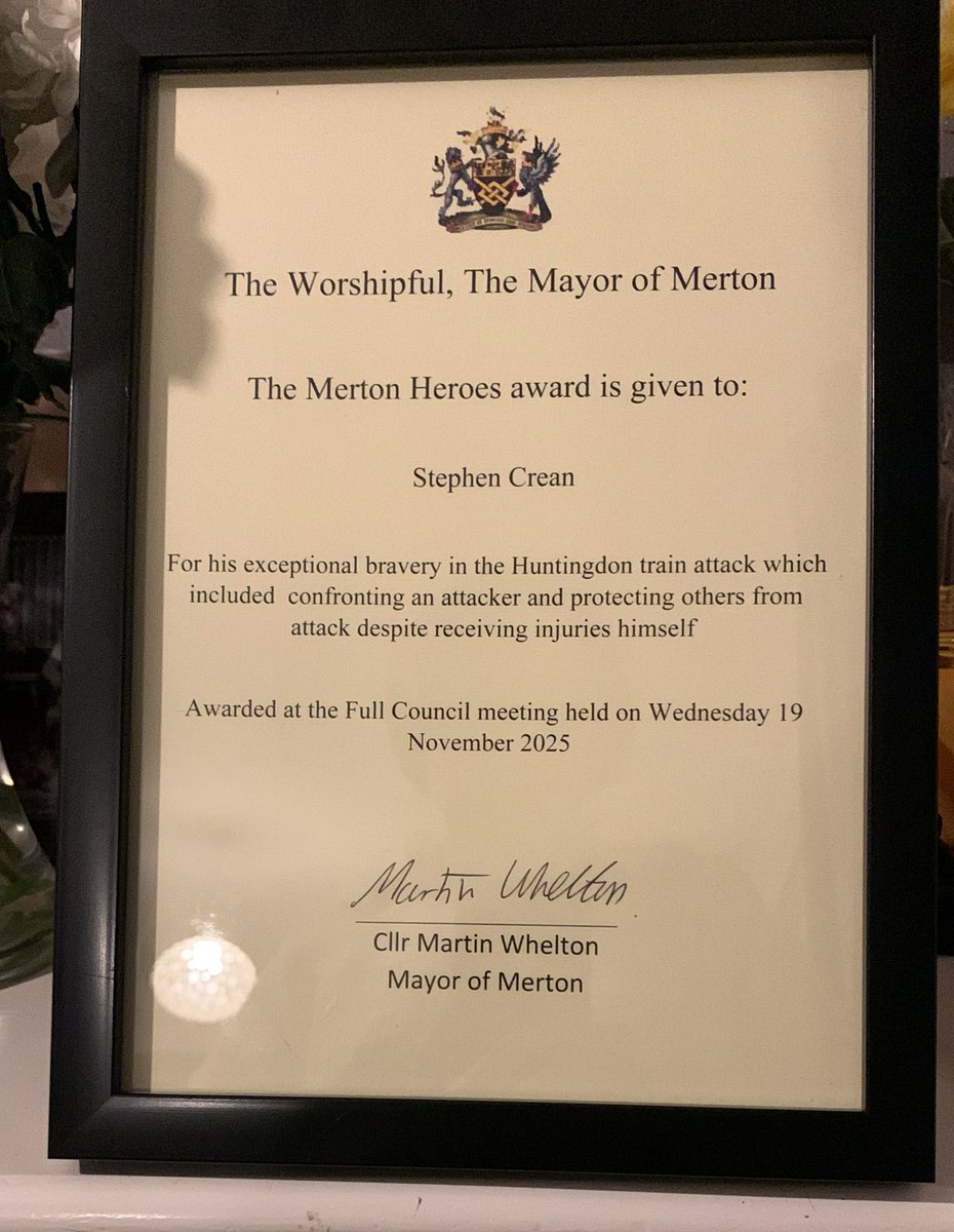 NatJacksonsport's tweet image. Congratulations to @nffc fan Stephen Crean who was presented with a heroes award this week by Merton Council in London for his actions in the Huntingdon train attack and his interventions to stop the attacker. A courageous man recognised for his immense bravery #nffc