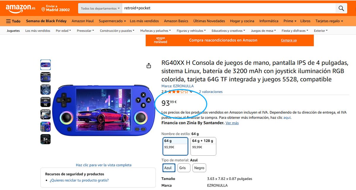 AlexBlogoodf's tweet image. Elegir dónde comprar la ANBERNIC RG40XX H 64GB:
Amazon: 93,99 €
AliExpress: 55,24 €
Ahorro de 38,75 € — bastante evidente.
#AliExpressVsAmazon #AliExpress #MarcasMás