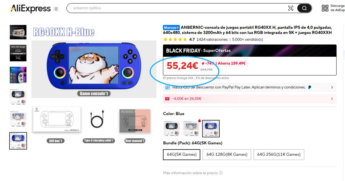 AlexBlogoodf's tweet image. Elegir dónde comprar la ANBERNIC RG40XX H 64GB:
Amazon: 93,99 €
AliExpress: 55,24 €
Ahorro de 38,75 € — bastante evidente.
#AliExpressVsAmazon #AliExpress #MarcasMás