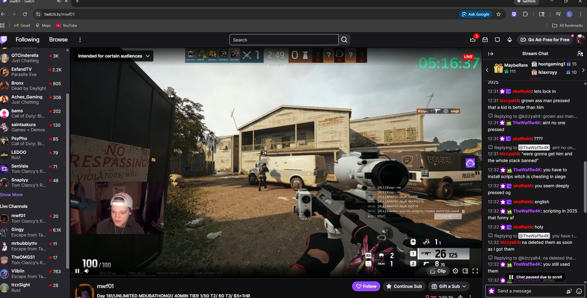 LazyLaggers's tweet photo. mw plays with a cheater  in r6 
admitted to using scrips and cheating in other games such as rust, csgo, and r6. on live mwf01 said he saw him inject the scrips live from a shared screen https://t.co/KiuVNAQLGc