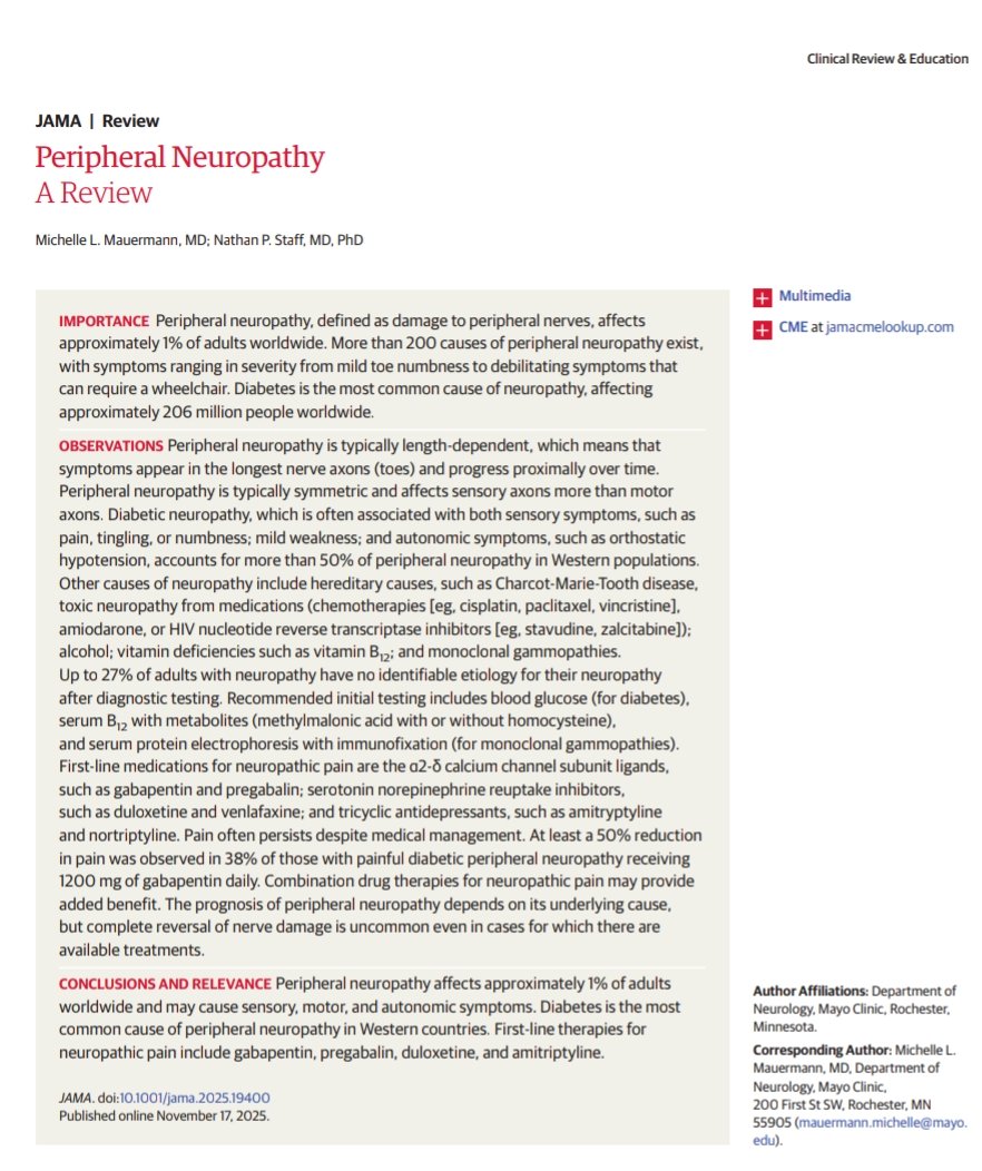 giorg_kyriakos's tweet image. 📘 @JAMA_current review on peripheral #neuropathy.

🧩 ~1% adults worldwide
⚠️ #Diabetes = main cause
🦶 Length-dependent sensory &amp;gt; motor
🧪 Key labs: A1c, B12+MMA, SPEP/IFE
💊 Pain Tx: gabapentin/pregabalin, duloxetine, TCA

🔗 jamanetwork.com/journals/jama/…
#EndoTwitter #MedTwitter