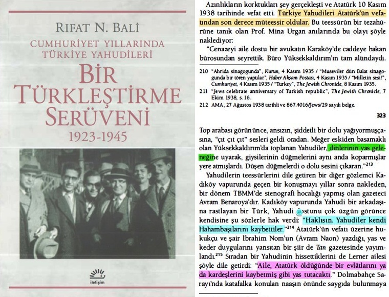 "Yahudiler kendi Hahambaşılarını kaybettiler."
 Atatürk'ün vefatı üzerine 

Rıfat N. Bali, Cumhuriyet Yıllarında Türkiye Yahudileri Bir Türkleştirme Serüveni 1923-1945, 2020, s. 323-324

#KemalizmKurbanArıyor #ProtestoEdiyorum Genel Sağlık Sigortası Rakı