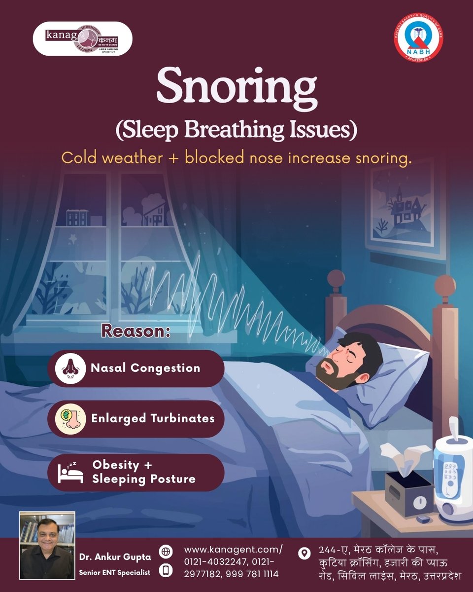 kanagentcentre's tweet image. Snoring isn’t just a sound — it can be a sign of sleep breathing problems.
Breathe better. Sleep better. Live better.
Visit Kanag ENT Super Speciality Centre, Meerut.
#SnoringProblem #SleepBreathingIssues #SleepApnea #ENTCare #KanagENT #MeerutDoctors #HealthySleep #StopSnoring