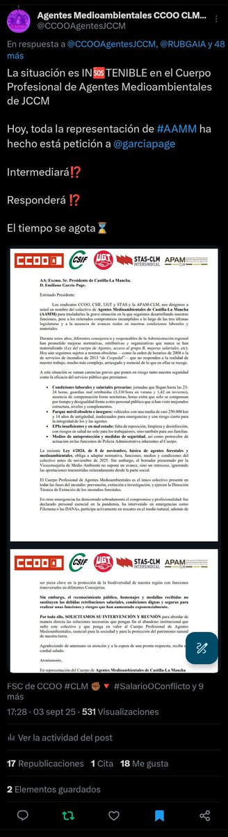 CCOOAgentesJCCM's tweet image. Pasada #CAM28O sin pena ni gloria con #VMA, hoy la Unidad de Acción nos reunimos con la Consejera, tras la petición a Page en septiembre
x.com/CCOOAgentesJCC…

Esperemos q traiga algo DIGNO para el Cuerpo de #AAMM porque el tiempo se agota y nos conoce de sobra como #SG de DS⌛