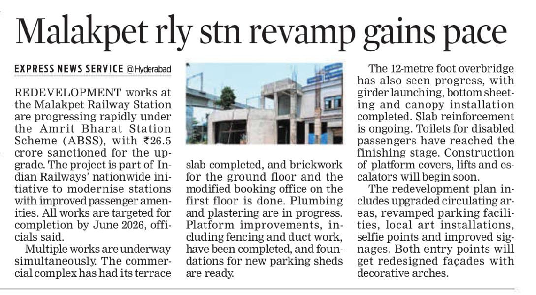 SCRailwayIndia's tweet image. 🚉✨Malakpet Railway Station revamp gains pace🥳
News published in  Indian Express Newspaper
@RailMinIndia  @SCRailwayIndia 
#malakpetrailwaystation #railwayterminal #stationredevelopment