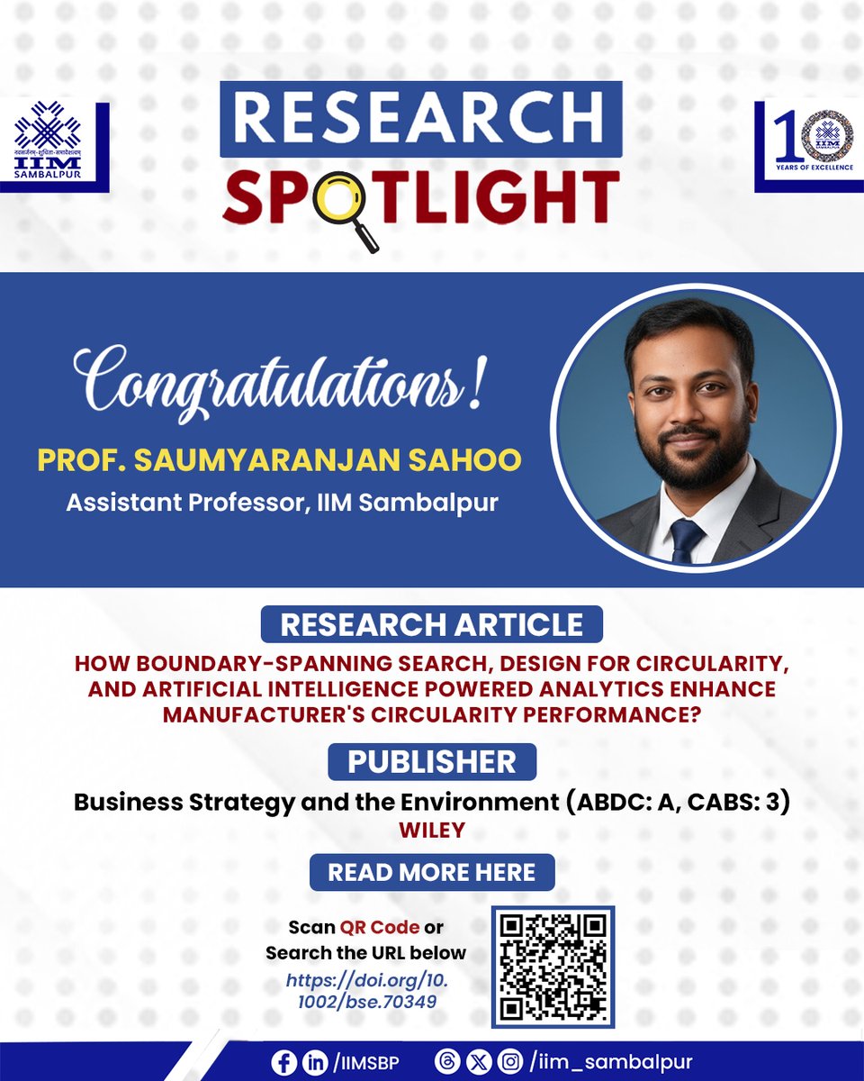 #Research Spotlight!
Congratulations to Prof. Saumyaranjan Sahoo, Assistant Professor at #IIMSambalpur, for his recent research #Articlepublished with Business Strategy and the Environment, Wiley Online Library  (ABDC - "A" and CABS - "3" Ranked Journal)