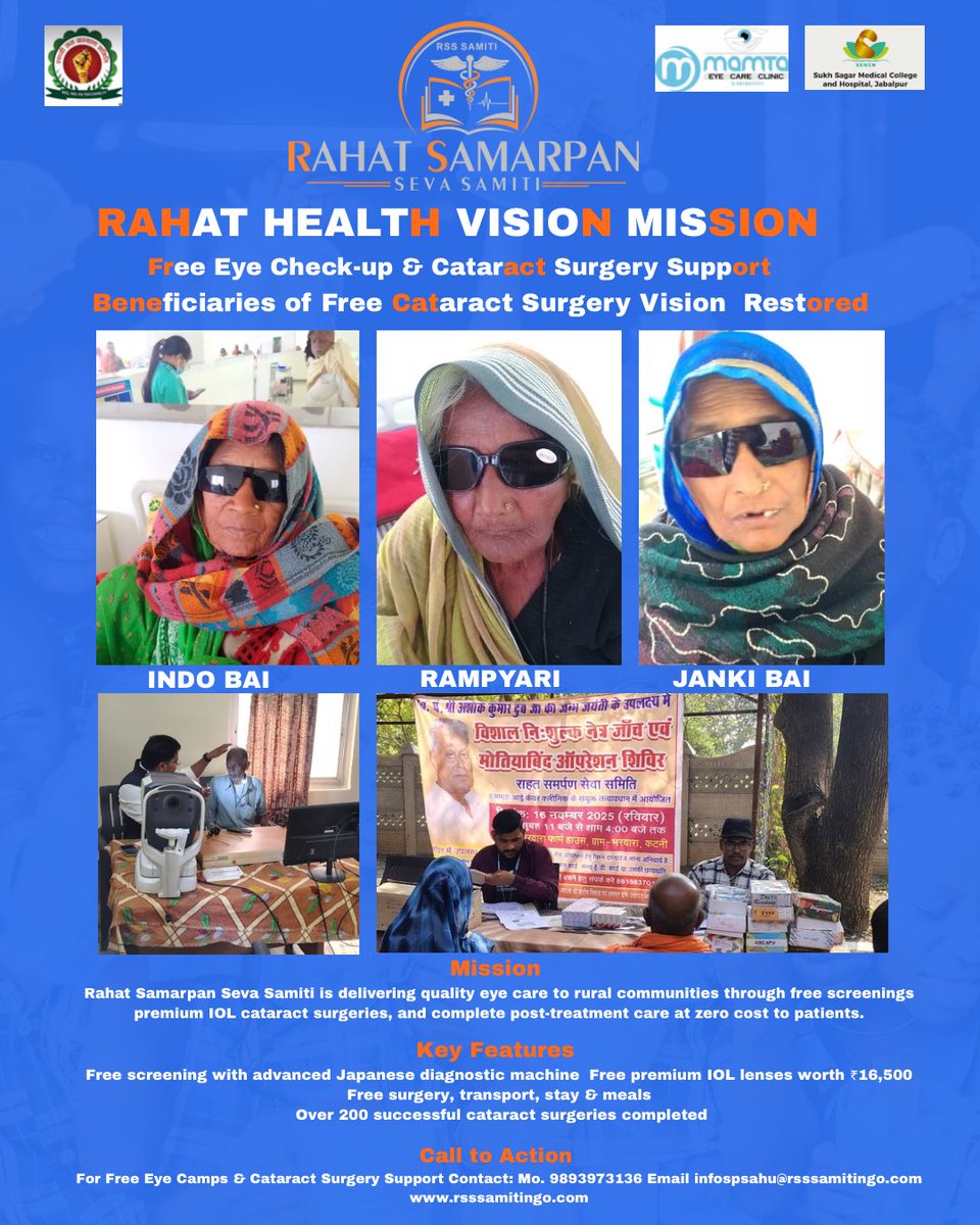 RSSsamitiNgo's tweet photo. Rahat Health Vision Mission
Bringing eyesight back to rural communities 
Free eye check-up with Japanese machine, premium IOL lens surgery, travel, stay, food &amp; all medicines  100% Free.

200+ successful cataract surgeries done. https://t.co/L5TrDu5xw2