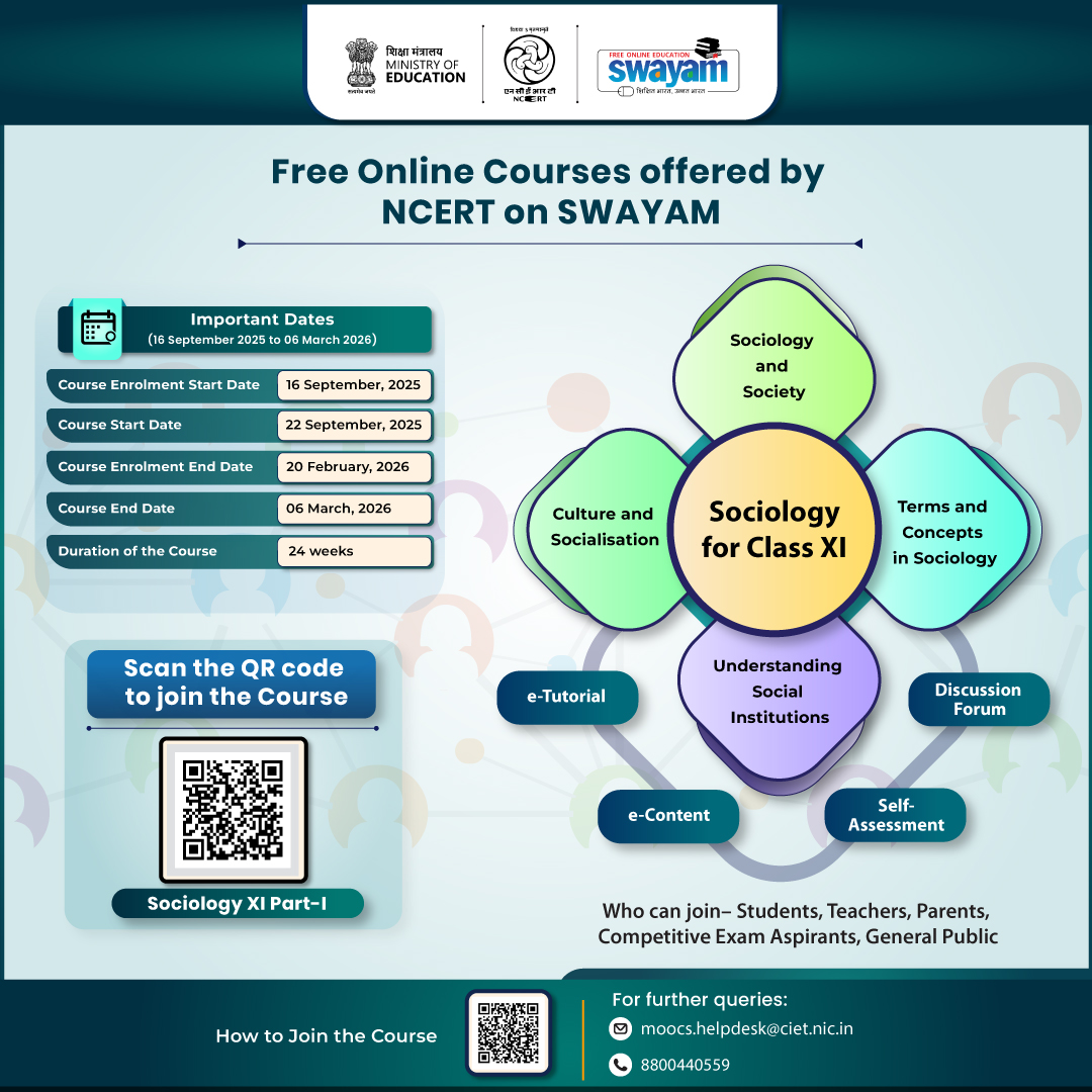 ncert's tweet image. Explore the intricacies of human society and social dynamics and unravel the fascinating tapestry of human connections! 

Dive into society’s depths, social institutions, its culture and socialisation by joining the FREE Online Course on Sociology offered by NCERT on the SWAYAM…