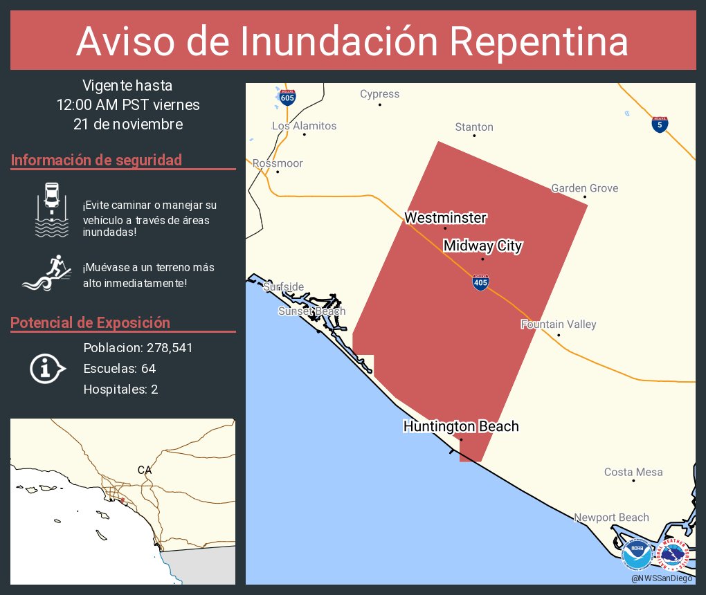 NWSSanDiego's tweet image. Aviso de Inundación Repentina continúa Huntington Beach CA and Westminster CA hasta las 12:00 AM PST