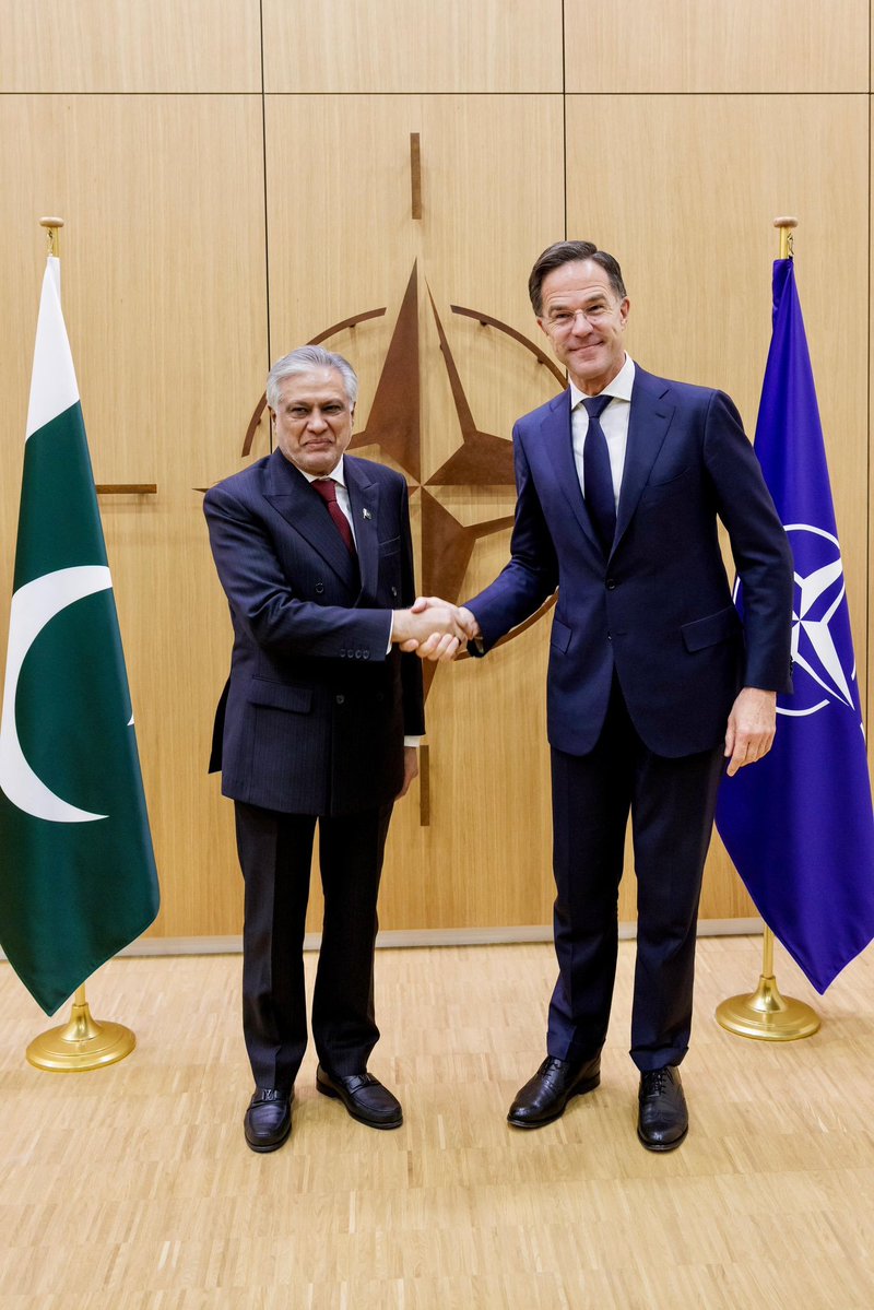 OSPSF's tweet image. The Deputy Prime Minister and Foreign Minister of Pakistan met with the Secretary-General of the North Atlantic Treaty Organization (NATO), Mark Rutte, at NATO HQ.

European and South Asian security, close cooperation which is essential for stability and prosperity was discussed.